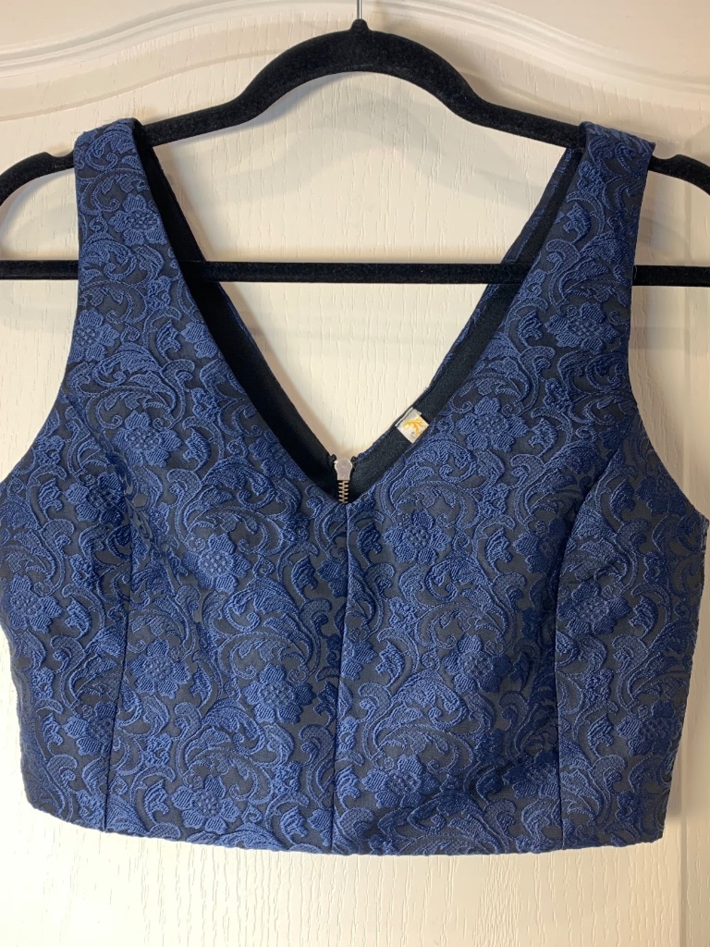 Andrée‎ Damask Crop Top Blue Black Baroque Bustier Style Zip Back S